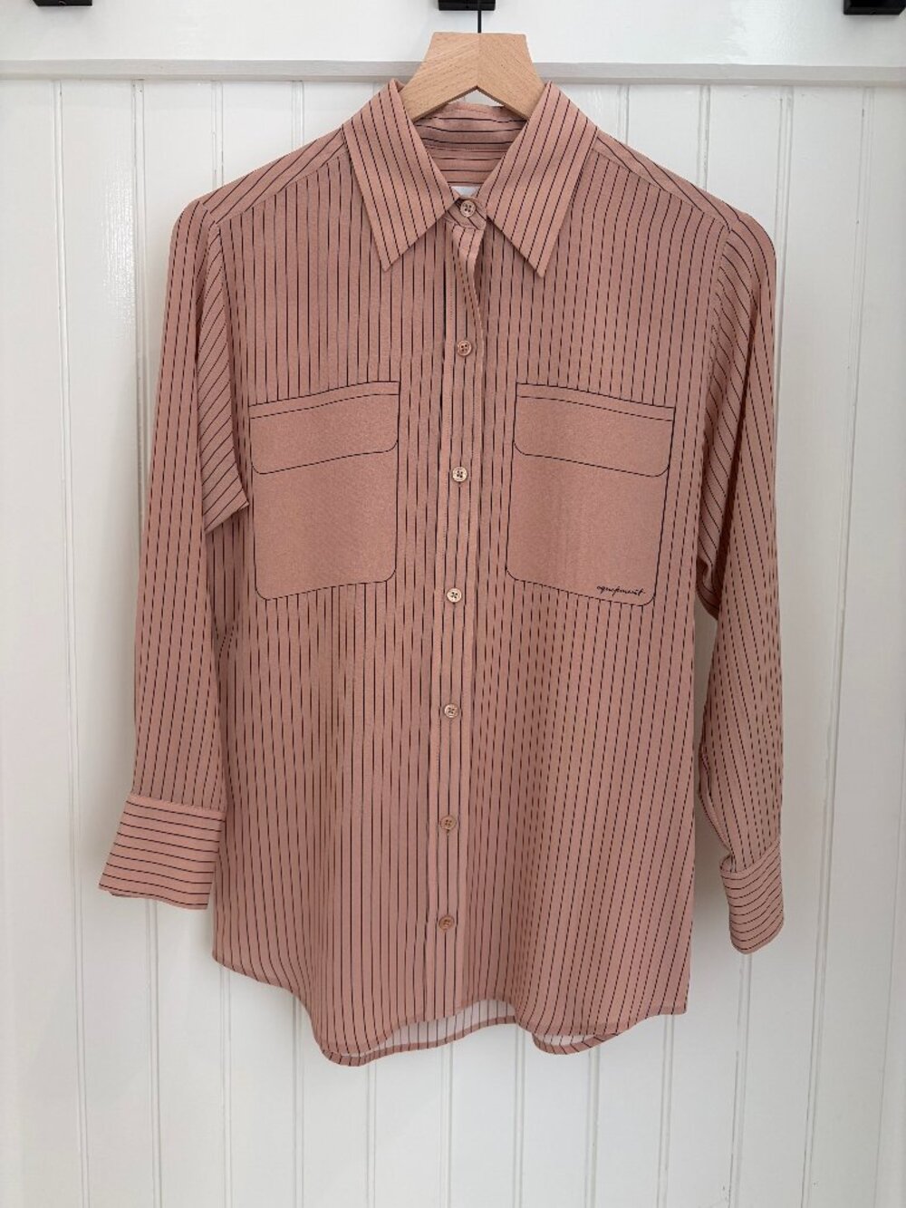 Equipment Femme Signature Silk Blouse Blush Pinstripe, Printed Pockets, XS